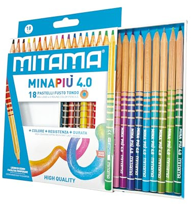 Mitama - Pastelli MINAPIU 4.0 - Confezione da 18 pastelli - Mina grande 4 mm resistente - diametro 7,5 mm - Spazio per il nome - Colori Scuola - Pastelli Astuccio Scuola