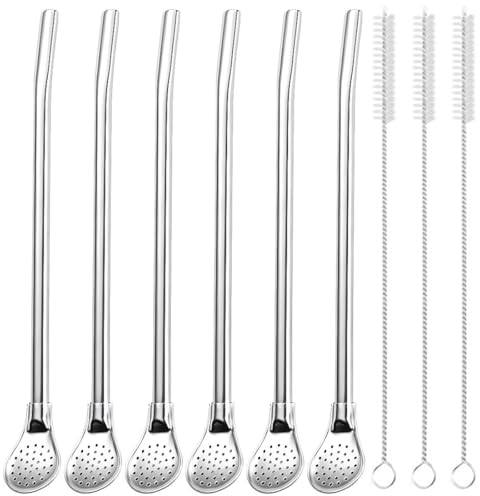KOQAIIZ 6 Stück Edelstahl Trinkhalm Trinkhalmlöffel Wiederverwendbare Löffelhalme Metalllöffel mit 3 Stück Strohhalm Reinigungsbürste für Milchshakes Cocktail Kaffee Dessert