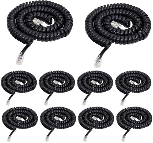 Yumiwoow Telephone Phone Handset Cable Cord,10Pack Phone Cord Landline 8Ft Uncoiled / 1.4Ft Coiled Landline Phone Handset Cable RJ9 4P4C Telephone Accessory Phone Cord- Black