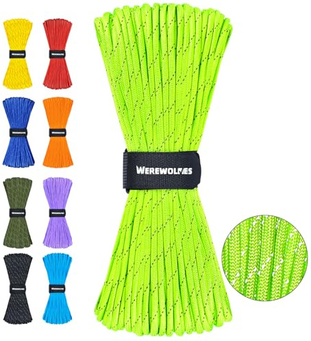 WEREWOLVES Reflective Paracord Rope 7 Strand Type III Parachute Cord 4mm 100ft / 200ft for Tent Camping Hiking Fishing Survival Tactical Clothesline DIY Projects (Neon Green, 200FT)