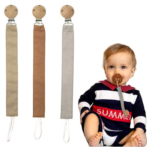 Moguri 3 Stück Schnullerkette Stoff Set, Schnullerband aus Baumwolle mit Holzclip für Jungen und Mädchen, Dummy Chain für Baby mit Beißring, Schnullerketten für Mam Schnuller(Grau, Beige, Braun)