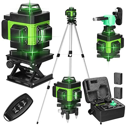 Geevorks Laser Level with Tripod,4D 16 Lines Laser Level Self-Leveling,Green Laser Level 360,with 2400mAh x 2 Batteries, 1.2M 3-Heights AdjustableTripod Stand,Remote Control