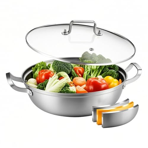 DELARLOCHEF Servierpfanne 30 cm Hond Rand,Edelstahlpfanne Unbeschichtet,Große und Tiefe Pfanne ohne PTFE und PFOA, Für Alle Herde Mit Gleichmäßiger Wärmeverteilung,Ideal Für Familienkochkunst