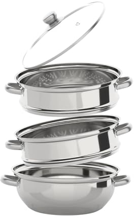 Pentola a vapore in acciaio inox, 28 cm, con coperchio in vetro, 3 ripiani, pentola per zuppe, per friggere verdure e verdure