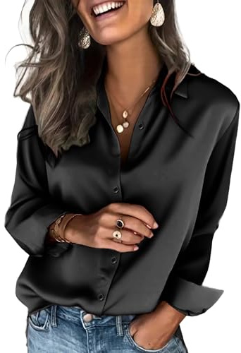Zeagoo Womens Satin Blouse Silk Button Down Shirts for Women Long Sleeve Dress Shirts for Women 2025 Black