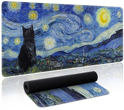 Starry Night Cat Gaming Mouse Pad Large Desk Mat Extended Keyboard Mouse Pad Anime Mousepad with Non-Slip Base and Stitched Edge Mouse Mat Desk Pad 31.5 x 11.8 Mouse Pads for Desk Home Office Gaming
