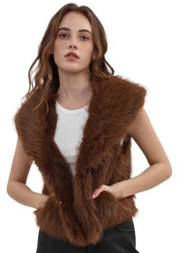 Amazhiyu Gilet en fausse fourrure pour femme, cardigan à revers ouvert sur le devant avec poches, sans manches, col en V, gilet pelucheux pour hiver/automne