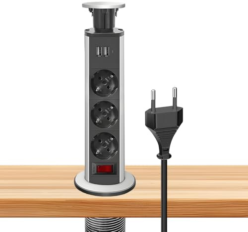 Infällbar bordsuttag med 2 USB, 3 fällbara uttag 80 mm, inbyggd uttagsmöjlighet med 1,8 m kabel, multiuttag för bänkskiva, kontor, kök