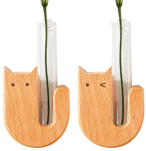 2-Pack Beech Wood Magnetic Cat Fridge Magnet Vases, 1×2×3 Cartoon Wooden Test Tube Flower Holder, U-Shaped Small Wall Planter for Kitchen, Office, Home Decoration