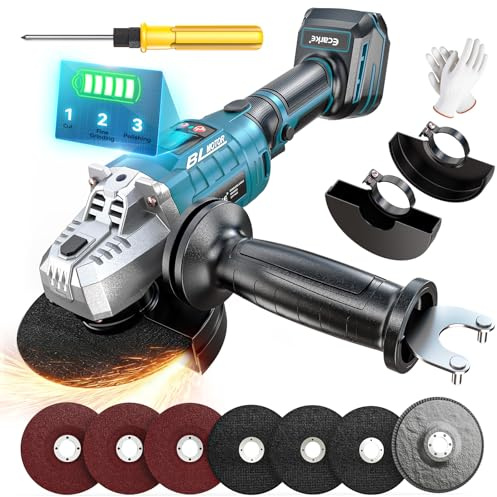 Ecarke sladdlös vinkelslip, set kompatibel med Makita 18 V batteri – borstlös motor, 3-stegs varvtal, upp till 10 000 varv/min, 125 mm skiva, LCD-skärm och 12 delar Tillbehör (utan batteri)