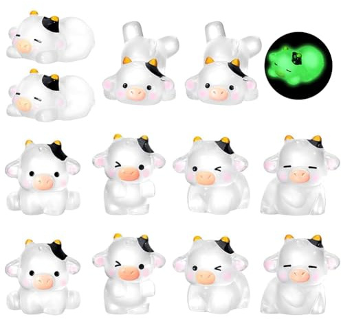12 Pcs Ornement Vache Phosphorescente MGKEOUF Figurine Phosphorescente Mini Figurine en Résine Décoration Vache Kawaii 6 Poses Différentes pour Décoration de Bureau, Jouets et Intérieur de Voiture