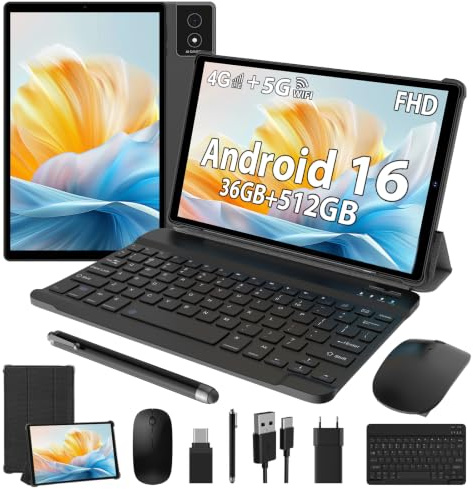 LEVIRTU Tablette 10,4 Pouces Android 16, 36Go RAM+512Go ROM Octa-Core 4G LTE 5G WiFi Écran INCELL Clavier Souris 8000mAh Widevine Bluetooth 5.0, 8MP+13MP GPS, Noir