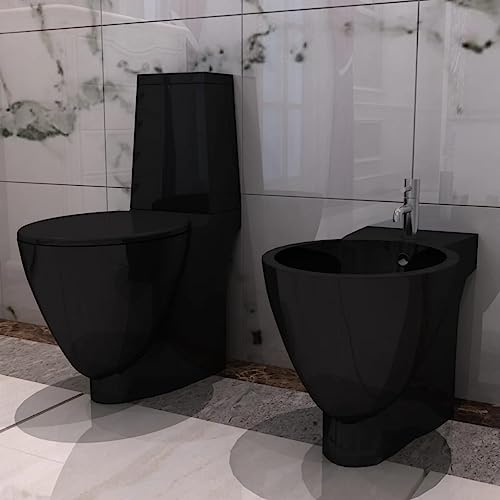 Mangloder - Juego de bidé de cerámica para inodoro (cierre suave, doble descarga de 3 o 6 litros, de pie con bidé, para renovación sanitaria de baño), color negro
