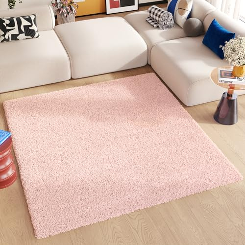Essence Teppich Quadratisch Shaggy Hochflor Langflor Rosa Einfarbig Weich Modern Design Wohnzimmer Schlafzimmer ÖKOTEX 160 x 160 cm