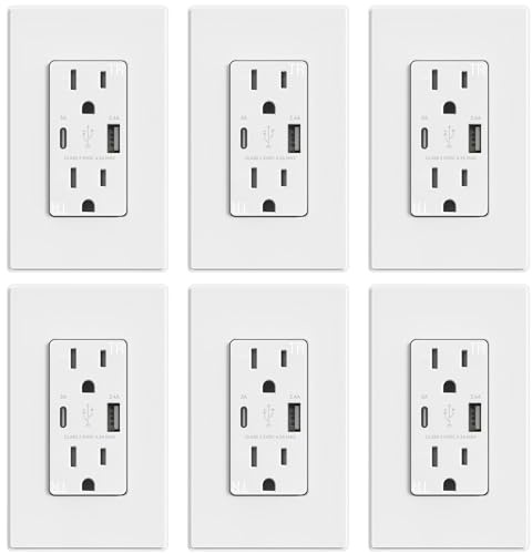 ELEGRP USB Outlets, 15 Amp Wall Outlet with USB Ports, 21W USB Outlets Receptacles with Type A & Type C Ports, Tamper Resistant Receptacle, Wall Plate Included, Ul Listed (6 Pack, Matte White)