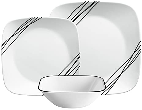 Corelle Dinnerware Set (12pc, Simple Sketch)-Dinner for 4 Includes x: Dinner Plates, Side & Bowls 3 X More Durable, Half The Space Weight of Ceramic up to 80% Recycled Glass, 1146920