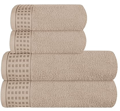GLAMBURG Ultra Soft 4er-Pack Handtuch-Set, Baumwolle, enthält 2 übergroße Badetücher 70 x 140 cm, 2 Handtücher 50 x 90 cm, für den täglichen Gebrauch, kompakt und leicht — Bräunen