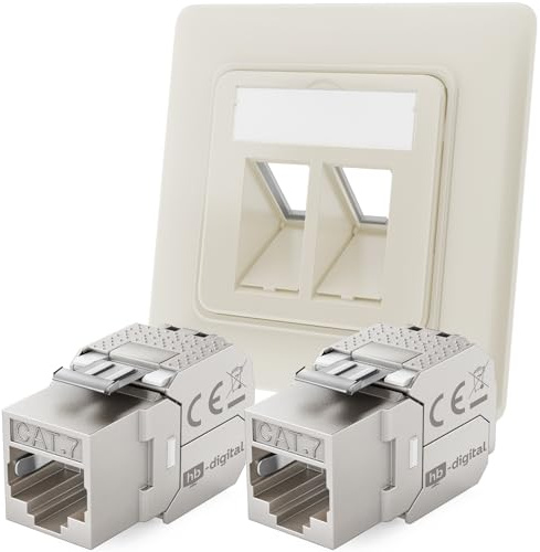 hb-digital 2-port CAT 7 nätverksuttag infälld RAL9010 2 x CAT 7 keystone RJ45-modul LAN Ethernet keystone uttag inbyggt uttag för CAT 5e CAT 6 CAT 6a max. 10 Gbit/s STP – vit