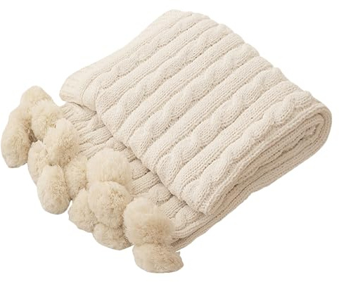 ATMOSURELY Ultra Soft Beige Chenille Cable Knit Throw Blanket with Handmade Pom Poms Cozy Fluffy Knitted Blanket Lightweight Warm Woven Farmhouse Blanket for Bed Sofa Couch 50x60 Inches (Beige)
