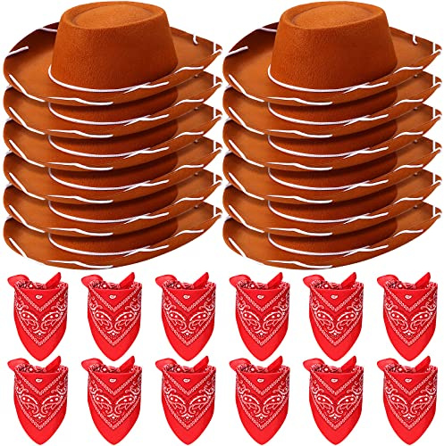 24 Pieces Cowboy Hats and Bandanas for Kids Western Cowboy Costume Hat Accessories for Toddler Child Western Theme Birthday Party Supplies Halloween Costume Dress(Brown, Red)