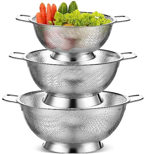 Bokon 3 Pcs Stainless Steel Colander Set Metal Mesh Strainers, Silver