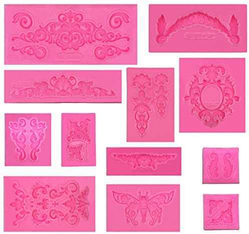Woohome 12 PCS Baroque Style Fondant Silicone Mold Picture Frames Silicone Mold for Cake Decorating Flower Lace Mould for Cupcake Topper, Jewelry, Polymer Clay, Crafting Projects