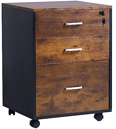 sogesfurniture Rollcontainer, Aktenschrank, Büroschrank, Aufbewahrungsschrank auf Rollen, abschließbar, Beistellschrank mit 3 Schubladen, Mehrzweckschrank für Arbeitszimmer, Büro, Vintagebraun