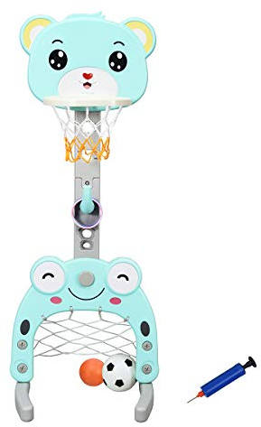 RELAX4LIFE 3 in 1 Canestro Basket per Bambini con Gioco Dell'Anello, Pallacanestro, Porta da Calcio e Golf, Altezza Regolabile 133-158cm, per 2-5 Anni (BLU)