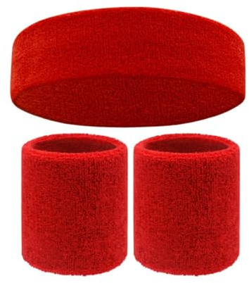 QHFlashbuy 3 Pièces Ensemble Bandeau et Serre-Poignets,Bracelet Eponge Bande Poignet Sweatband Anti-Sueur Headband,Bandeaux de Poignet Sports pour Gym Tennis Course Basketball (Rouge)