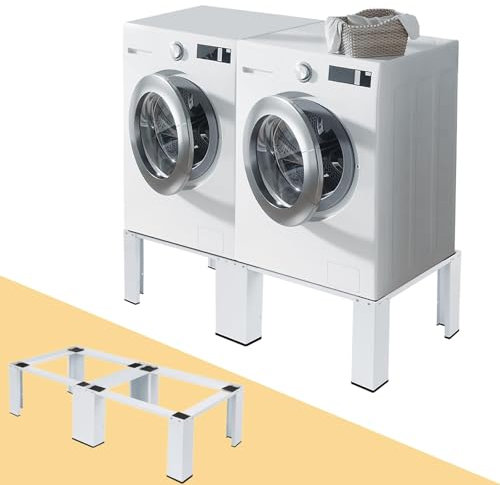 Double support stable à 2 compartiments, socle antidérapant en métal, double plateforme surélevée, meuble bas jusqu'à 2 x 150 kg, pour machine à laver et sèche-linge (126 x 54,5 cm)