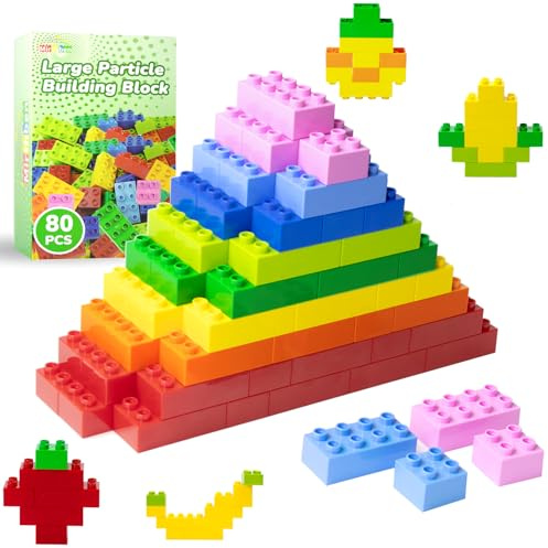 Mirthben Lot de 80 grands blocs de construction, 2 formes et 8 couleurs, compatibles avec les briques Duplo et toutes les grandes marques, jouets de construction colorés pour enfants à partir de 3 ans