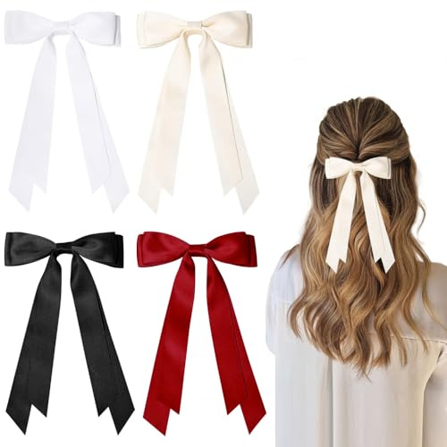 TRKETK 4 Piezas Pinza para el Pelo con Lazo Satén Largo y Sedoso Pinzas para el Pelo con Cinta Metálica Elegantes Accesorios Para el Pelo Cabello de Uso Diario para Mujeres y Niñas