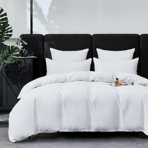 YASMENG Parure de lit 3 pièces en satin 220 x 240 cm - Blanc - Avec housse de couette et 2 taies d'oreiller de 80 x 80 cm - 100 % coton à longues fibres