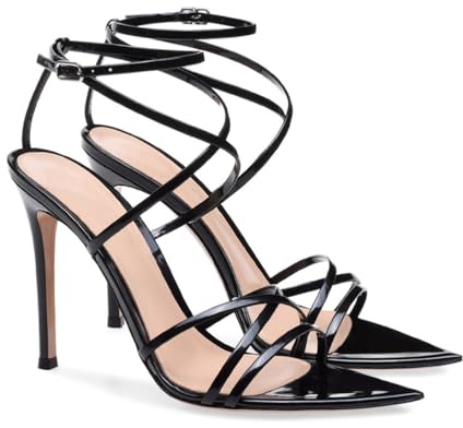 Sandales à Talons Aiguilles à Bout Pointu pour Femmes, Sandales Sexy en Cuir Verni à Lacets, Chaussures de soirée élégantes à Bride arrière et Bride à la Cheville pour l'été,Noir,46 EU
