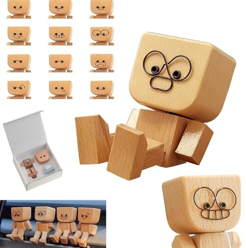 HOSYH Charming Shaking Feet Wooden Man Figurine, Little Wooden Statue That Sways, Car Dashboard Figurines with Spring Legs with Rich Expression Accessories Decorations Doll Gifts