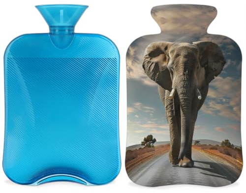 Elephant Hot Water Bottle with Cover, Animal Elephant 2L Hot Water Bag for Pain Relief, Neck Soft and Shoulder, Hand Feet Warmer, Hot and Cold Compress for Adult Kids