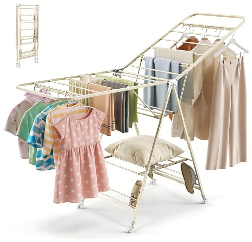 JoyCushy Clothes Airer Foldable Clothes Drying Rack, 2 Height-Adjustable Wings (95/130cm), Carbon Steel, 3-Tier 23 Bars Heavy Duty Cloth Drying Rack with Universal Wheel Lockable for Indoor Outdoor
