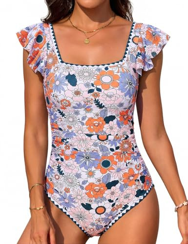 FemiChic Bañador Mujer Traje de Baño de Una Pieza, Escote Cuadrado Vintage con Volantes en Hombros y Bordes de Piping Diseño con Push Up con Rellenos Extraíbles(Estampado Floral Naranja,L)