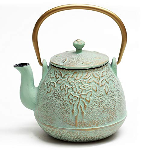 TOPTIER Japanese Teapot with Stainless Steel Infuser, Cast Iron Tea Kettle Stovetop Safe, Leaf Design Coated with Enameled Interior for 32 Ounce (950 ml), Light Green
