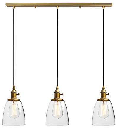 Phansthy Vintage Chandelier Pendant Light with 2m Adjustable Cord 3 Bell Shaped Glass Shade Ceiling Light Fixtures Industrial Style Hanging Lamps for Kitchen Bar Dining Room (Antique)