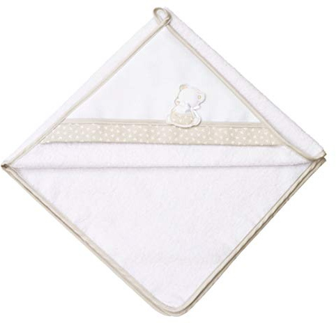 Filet - Peignoir Triangle pour Bébés en Coton à Broder en Forme d’Ourson Timide, Réalisé en Eponge Douce, Parfait pour la Baignoire, 100% Made in Italy, Blanc/Beige, AMP1109T, Taille unique