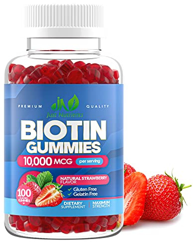 Biotin 10,000mcg Gummies for Hair Growth, Skin & Nails (100 Count) - 2x Maximum Strength Biotin Vitamins for Women & Men - Gluten-Free, Vegan, Non-GMO, Great Tasting Strawberry Flavor - 100 Gummies