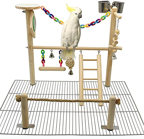 Bird Playground Top Cage, Parrot Gym Hanging Chewing Toys, Cage Top Play Stand for Conure, Parakeets, Budgie, Cockatiels, Lovebirds, Wood Perch Toys