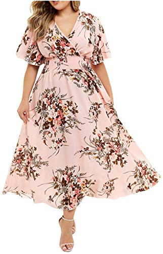 Plus Size Maxikleider Mode Sommerkleid Damen Blumendruck V-Ausschnitt Abendkleid Kurzarm Freizeitkleid Kurzärmliges Kleid mit für in Übergröße Schönes Tunikakleid Partykleid