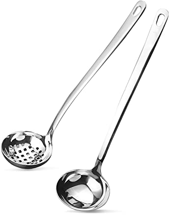 Mestolo in acciaio inox, 18/8 mestolo scanalato, set di 2 mestoli per appenderlo facilmente, set di utensili da cucina per cucina (29,7 cm)