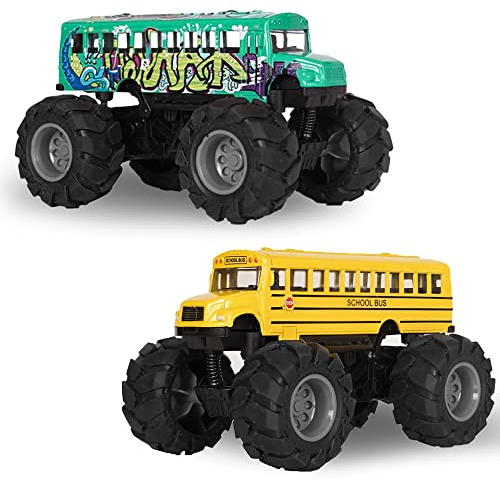 Crelloci 2 Pack School Bus Monster Truck Toy, Die Cast Big Wheel Monster Truck, Green Yellow Pull Back Car Toys, Play Vehicle Gifts for Kids, Toddlers, Boys Age 3+