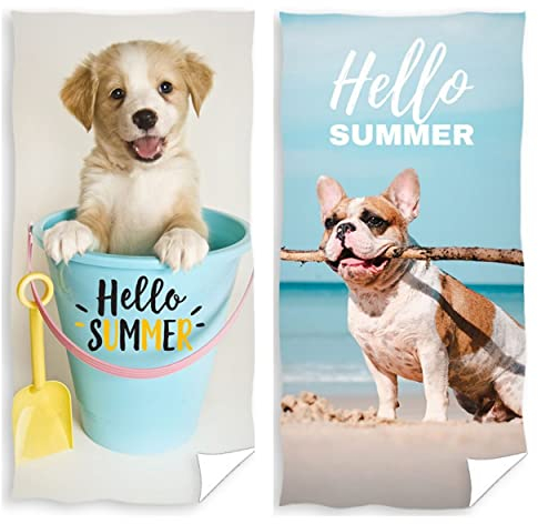 damaloo 2X Hunde Badetuch 70x140 aus Baumwolle - Kinder Handtuch Set mit Hundemotiv für Hundefans - Hundehandtuch für Mädchen und Frauen - Badehandtuch, Duschtuch, Strandtuch, Kinderhandtuch 70x140