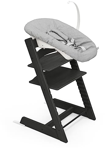 Silla Tripp Trapp de Stokke (Roble Negro) con Newborn Set (Gris) - Para recién nacidos hasta 9 kilos - Acogedor, seguro y fácil de usar