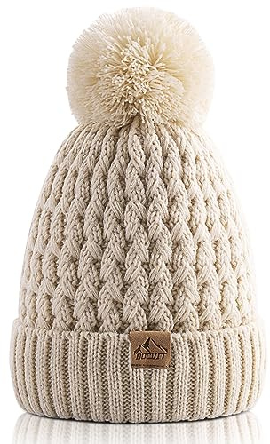 DOCVIT Kids Winter Beanie Hat, Children’s Warm Knitted Fleece Lined Woollen Ski Pompom Hat for Boys & Girls 3-9 Years Beige