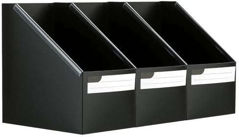 Marte Vanci Magazine File Holder, 3 Pack Plastic Magazine Rack with Labels Foldable A4 File Folder Holders Document Organiser for Office Home Desk Shelf Paper Book Storage Organisation Black